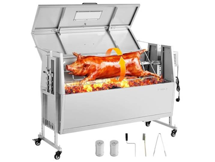 VEVOR Lammgrill 38 W 60 kg 1168,4 mm Drehspieß Spanferkelgrill Edelstahl für Garten und Terrasse, 4 Höhenstufen, Feststellbare Räder, mit Grillzange Faltbarem Deckelschutz Bürsten und Gewürzbehälter