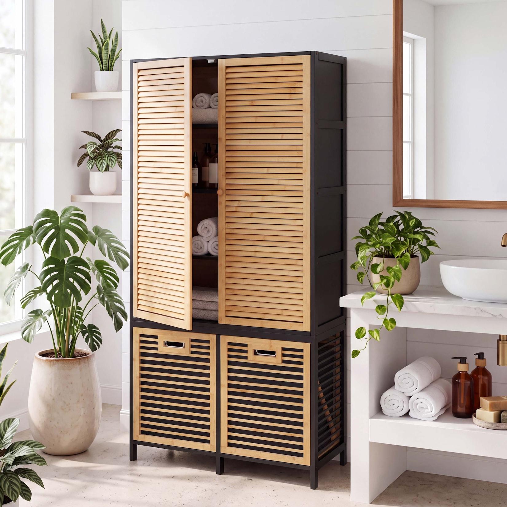 Bambus-Badezimmerschrank MCW-N83, Badregal Schrank, 2 Wäschekörbe Türen MVG 168x82x34cm ~ natur-schwarz, Korb anthrazit