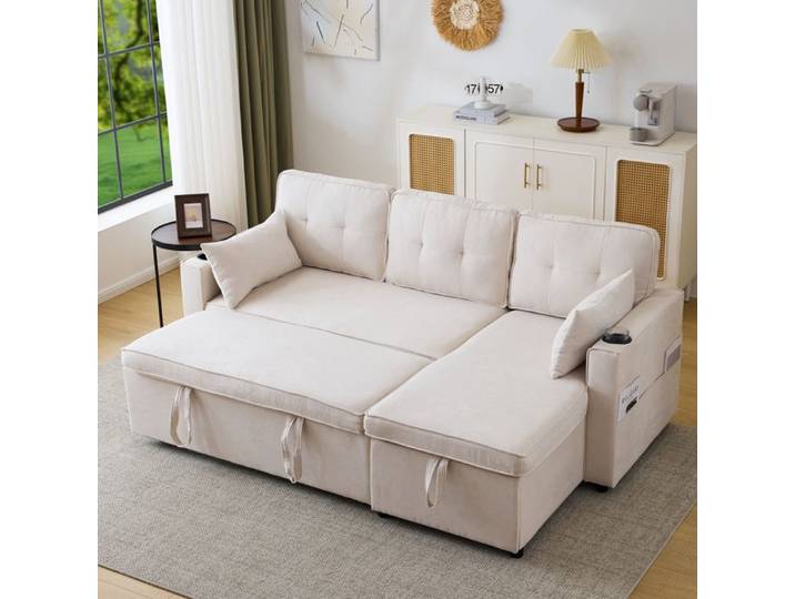 Canapé Droit Convertible 3 Places - Banquette Convertible avec Coussins et Rangement - Bois Massif Cadre Fer - Beige
