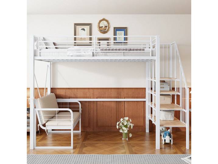 Lit Superposé/Mezzanine 140x200cm Blanc Cadre Métallique Robuste Avec Canapé Rembourré Amovible Convient Enfants/Ados/Adultes