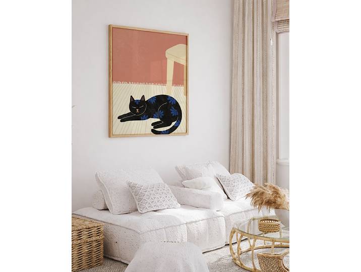 Impression artistique Le chat douillet Revêtement : verre acrylique Structure : hêtre laqué Multicolore 52 x 62cm