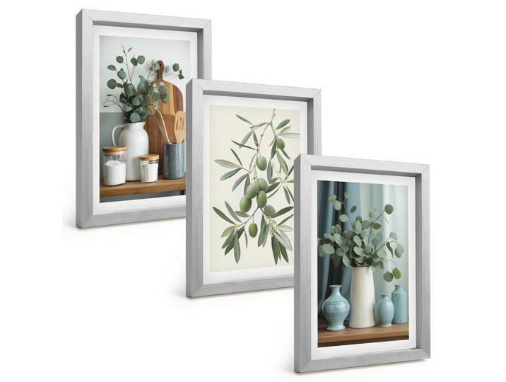 BILDER SET 3er Set - 20x30 cm Silberner Rahmen - Grüne Oliven, Eukalyptus