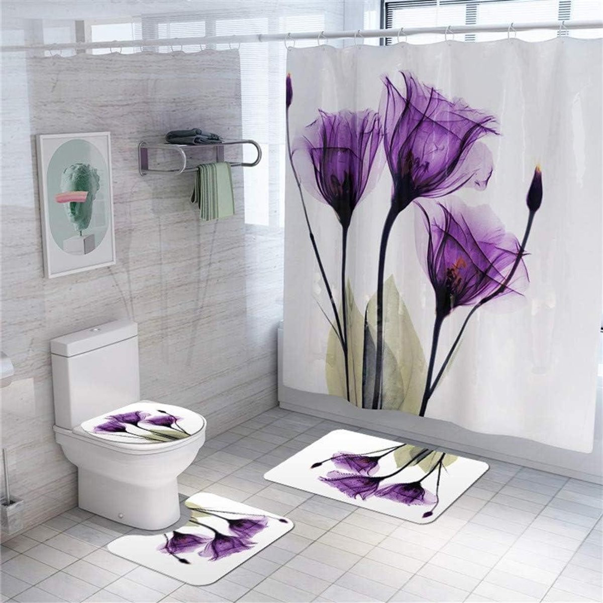 4-delige badkamer tapijten set met lotus bloemenprint en antislip onderkant