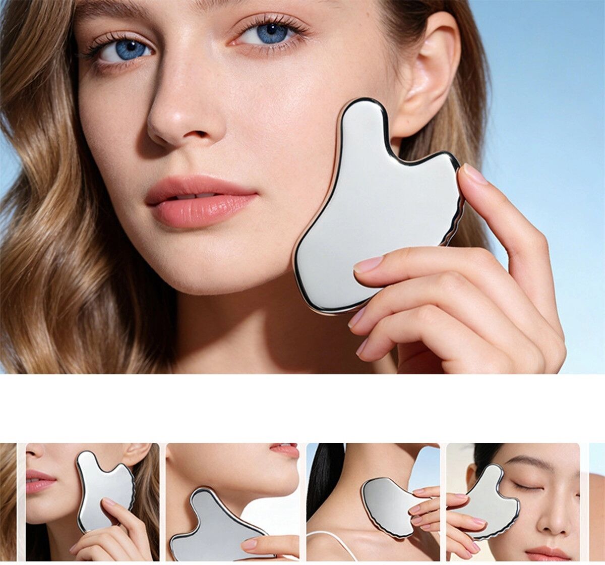 INF Silbernes herzförmiges Edelstahl-Gua-Sha-Tool für Gesichts- und Kopfhautmassage