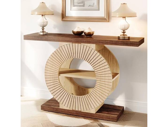 Table console Base ronde - 100×30×80 cm - Avec étagères - Convient pour le salon derrière le canapé l'entrée le couloir
