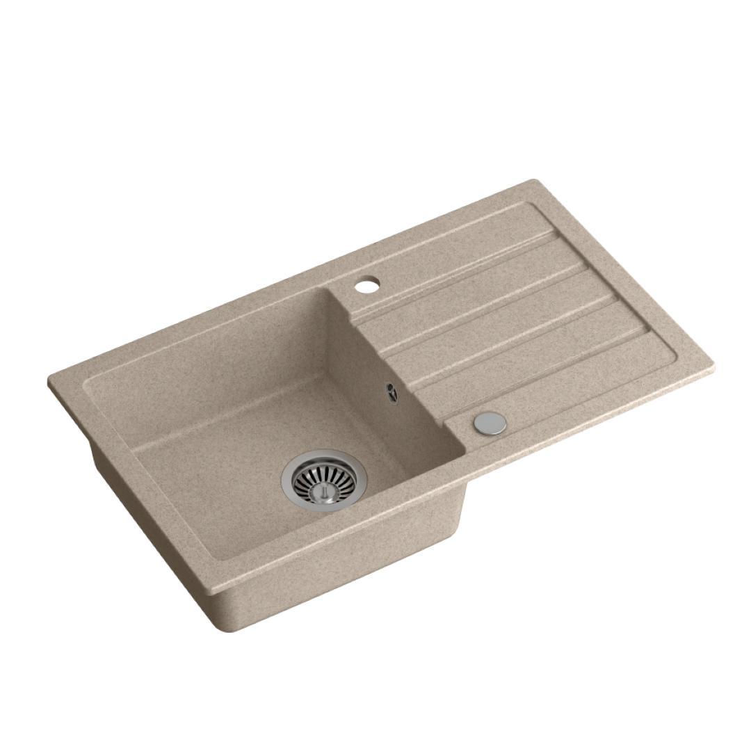 QUADRON Granitspüle Einbeckenspüle | Größe 77 x 44 x 17,5, Farbe: Beige | JERRY 111 Einzelbecken Küchenspüle | Granit Spülbecken | mit manuellem Siphon und Abtropffläche