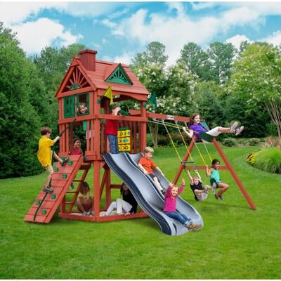 Gorilla Playsets Double Down II Outdoor Wooden Swing Set with Gray Slides
