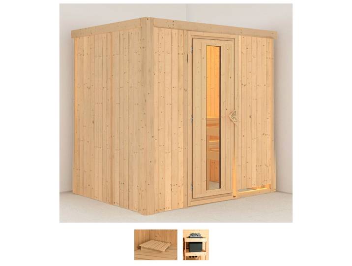 Sauna KARIBU Bedine , beige (naturbelassen), ohne Ofen, (ohne Ofen), Saunen, Sauna, ohne Ofen
