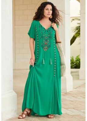 Plus Size Women's Plus Size Flutter Sleeve Hand Crinkled Maxi Dress - Curvy A-Line by Roaman's in Tropical Emerald (Size 30/32)