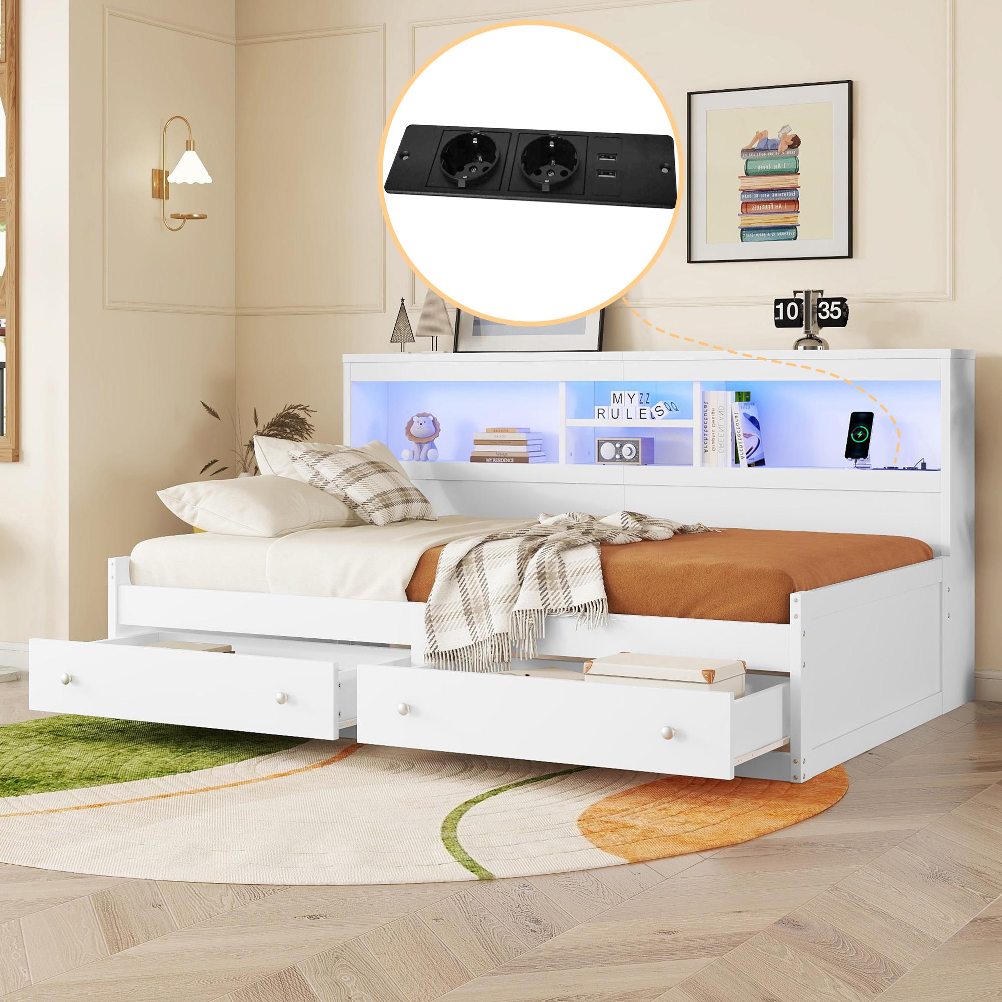 Schlafsofa 90*200cm (weiße Spanplatte): Nachttisch, 2 USB-Anschlüsse, Beleuchtung, 2 Schubladen, Lattenrost (Matratze nicht im Lieferumfang enthalten)