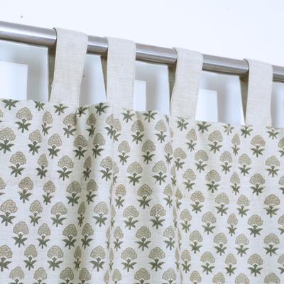 Fabdivine Green Floral Block Print Linen Blend Tab Top Curtain Panel, Rustic Farmhouse Decor - Strawberry