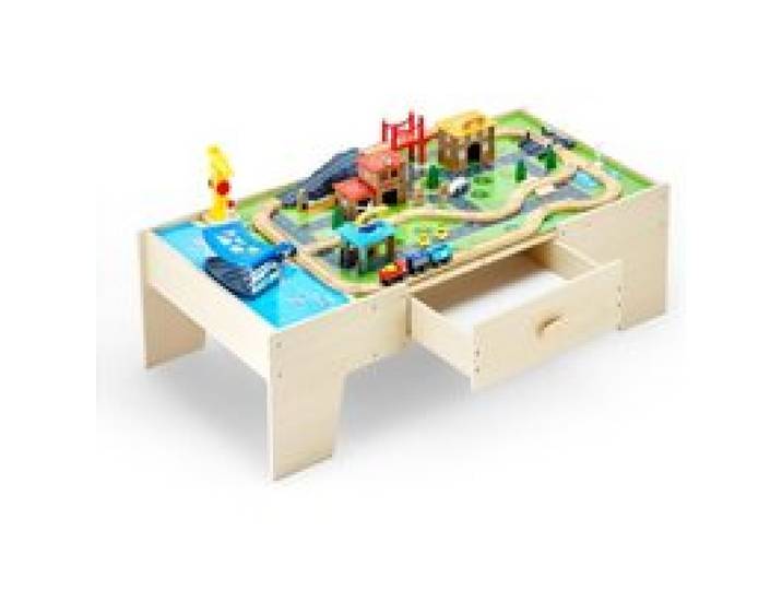 VEVOR Table Circuit Train Bois, 62 PCS, avec Rail de Train, Grand Tiroir Rangement, Table d'Activités 3 en 1 Double Face pour Jouer, Dessiner, Lire, Manger, Jouets Créatifs pour Enfants 3 Ans et Plus