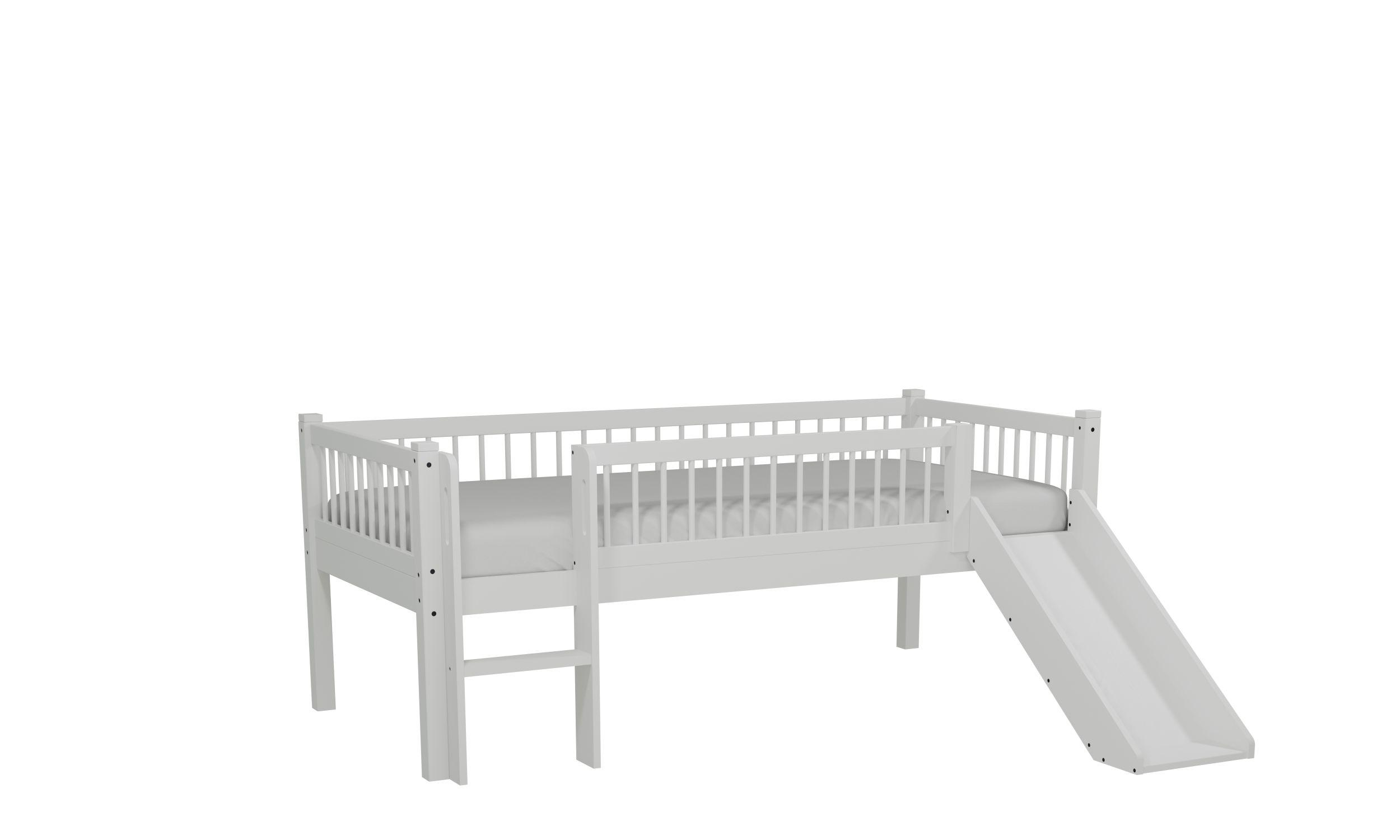 VIPACK - FORREST Buche Junior-Spielbett 90x200 cm, inkl. Lattenrost, Leiter und Rutsche, Buche massiv weiß lackiert
