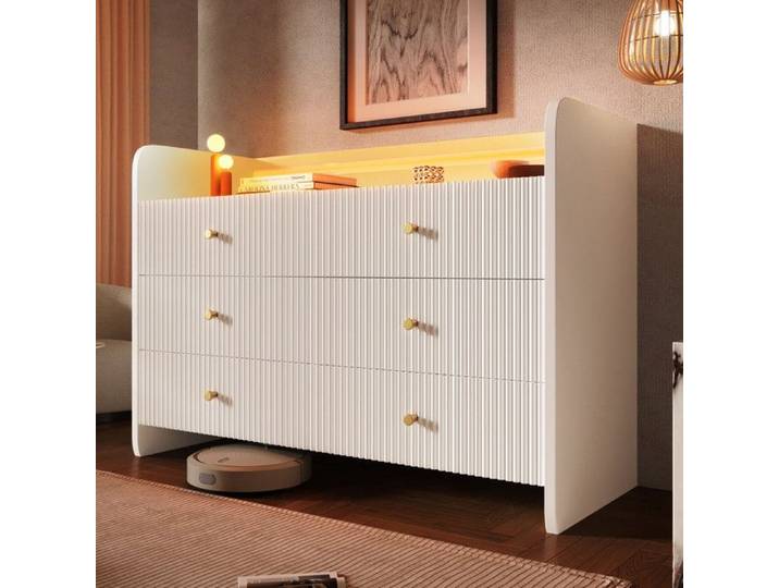 Buffet 120x40x75 cm - Meuble de salon et de chambre - SEYAKANY - avec éclairage LED et tiroirs - blanc - design à rainures ondulées