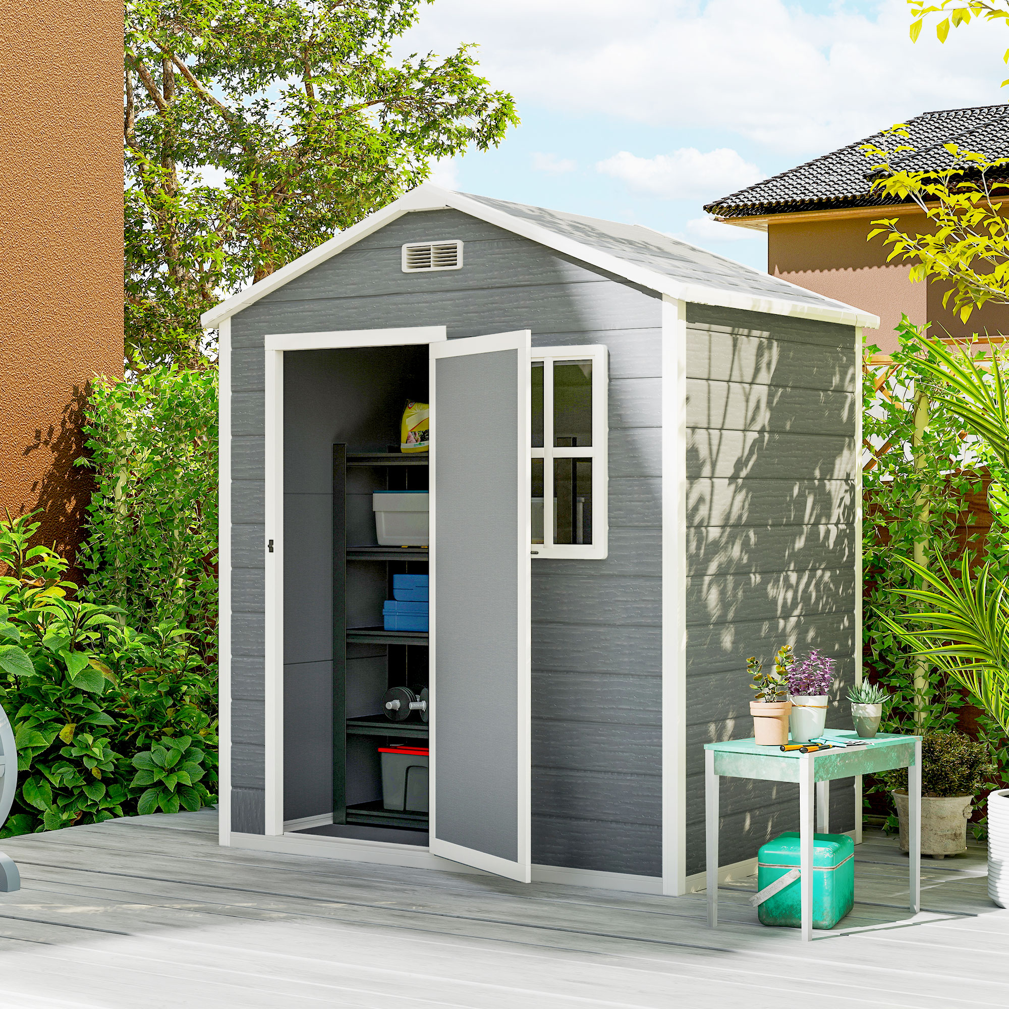 Outsunny Capanno da Giardino, Capanno in Plastica con Pavimento, Finestra, Porta con Serratura e Prese d'Aria, Grigio   Aosom Italy