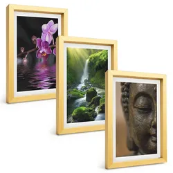 BILDER SET 3er Set - 20x30 cm Goldrahmen - Blumen, Wasserfall, Buddha-Felsen, Zen