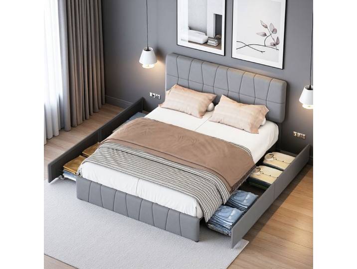 Lit double 160x200 - Lit coffre - 4 tiroirs intégrés - Design industriel moderne - Rangement optimisé