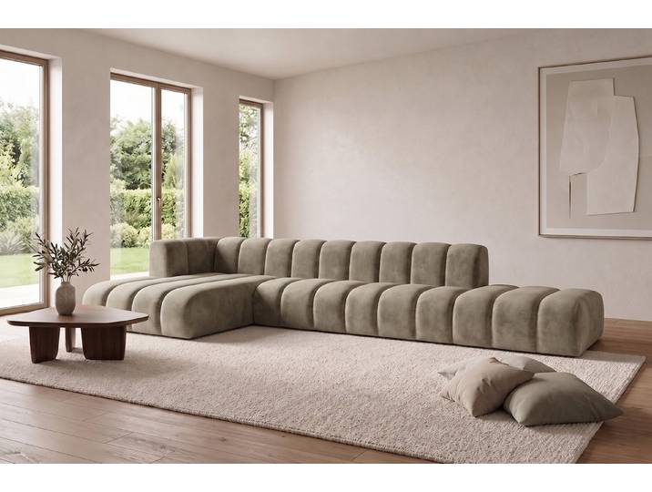 Kaiser Möbel Ecksofa Modulares L mit Hocker GRAND im Velvet-Stoff Riviera, Ecksofa mit Hocker, modulares Ecksofa mit variablem Hocker, verschiedene Aufstellvarianten