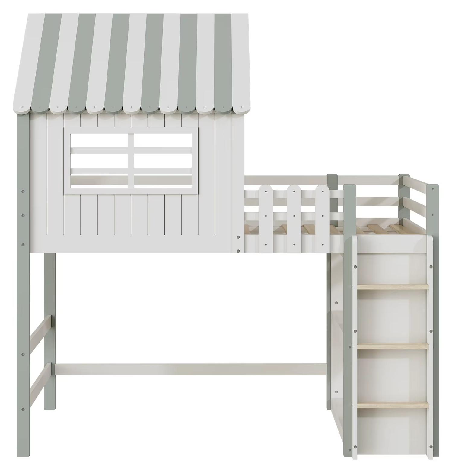 Kinderbett - Holzbett - 90 x 200 cm - Massivholz - Hausdach-Design - Sicherheitsleiter - Grün-Weiß