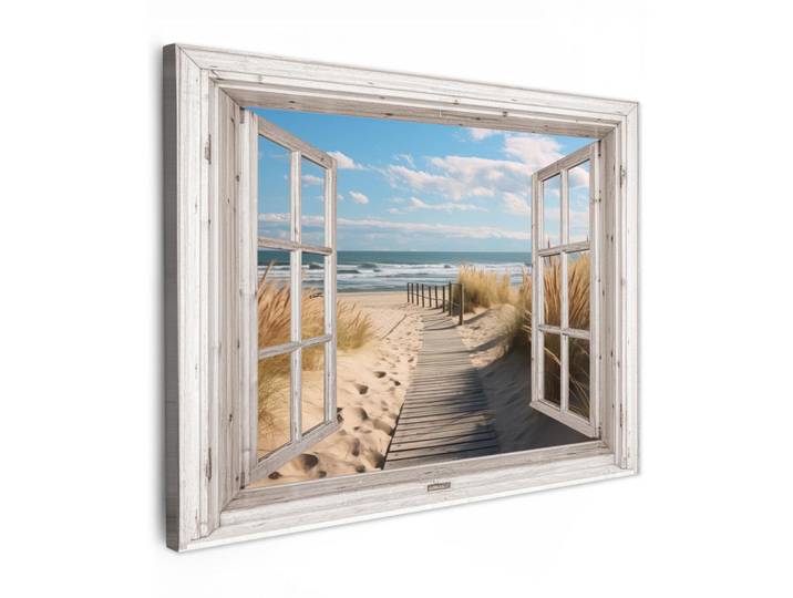 MuchoWow Leinwandbild - Fenster - Meer - Küste - Natur - Ausblick - Strand - Wattenmeer - 80x60 - Malerei, Beige, Textil, Kiefer, Abstrakt, Rechteckig, 80x60 cm, gerahmt, Bilder & Rahmen, Bilder, Wandbilder