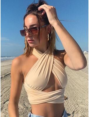 Lush Living Finds Sienna Criss Cross Halter Crop Top Backless Summer Going Out Top For Womens apricot s