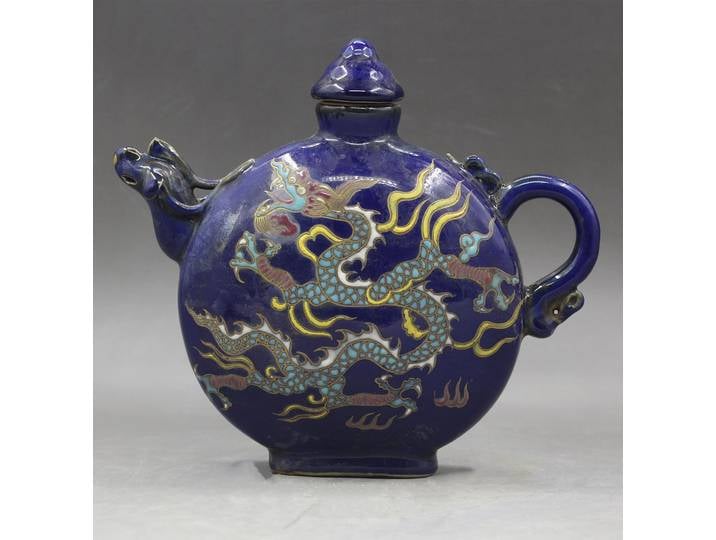 Vase bleu marine coloré nuage Dragon motif Phoenix Pot plat porcelaine Antique Collection ornements décoration de la maison