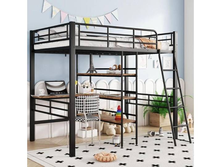 Lit mezzanine superposé 90x200 cm Lit avec bureau Plusieurs étagères Rampe Échelle Cadre en fer Noir