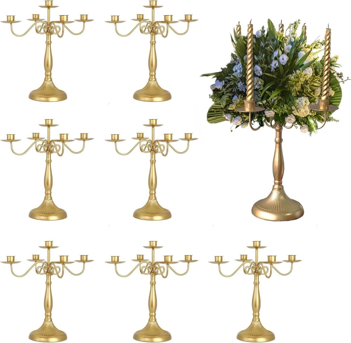 Gouden 5-armige metalen kandelaar voor stompkaarsen of kaarsjes, 30 cm hoog
