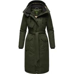 NAVAHOO Damen Wintermantel lang Parka warm Jacke mit Bindegürtel, Kapuze & Kragen Hokulanii