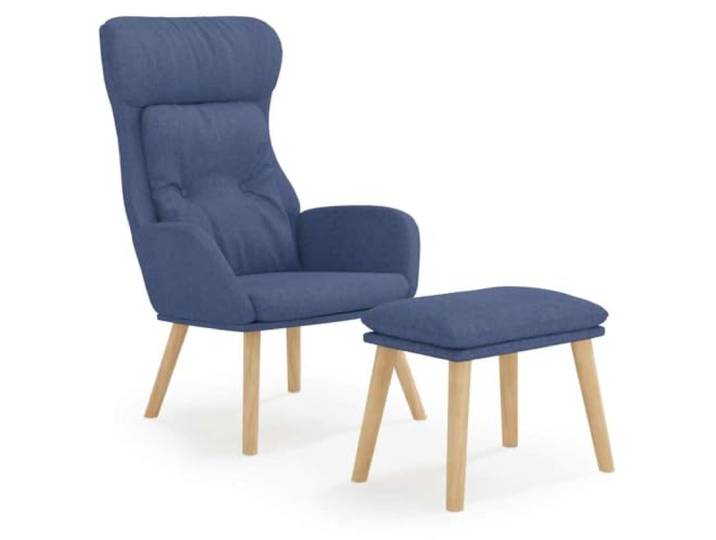 Fußsessel Blau Textilbezug mit Holzbeinen Metallrahmen, Massivkautschukholz, atmungsaktives Gewebe, Fußstütze inklusive, stabile Konstruktion