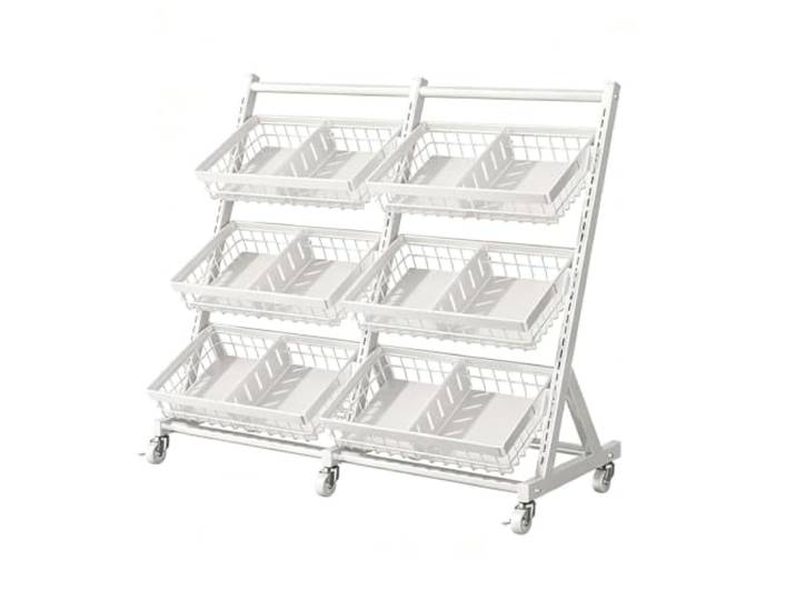 Dexinhdh Rollbarer Verkaufsständer für Snacks Metall-Obstkorb und Gemüseständer für Supermärkte, Convenience-Stores und Gewerbebetriebe(White,C)
