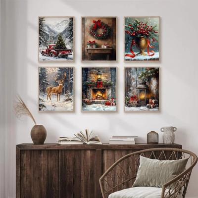 Inspire Select Vintage Red Truck Christmas Canvas Wall Art Nordic Winter Snow Scene Reindeer Holiday Decor 4 15.75 X 19.69 In