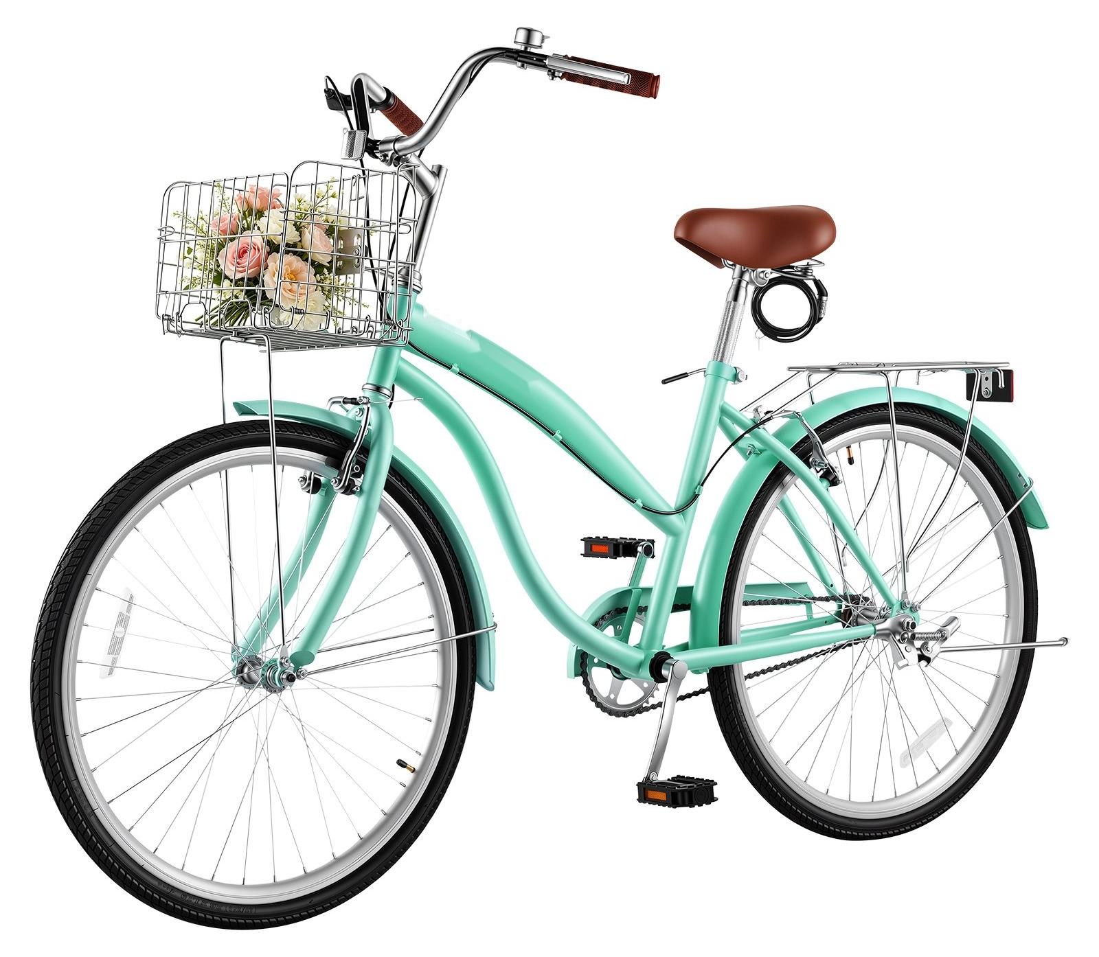 Damenfahrrad - Cruiser-Citybike - 66 cm Laufradgröße - 1-Gang - Aufrechte Sitzposition - Korb - Gepäckträger bis 50 kg - Hellgrün