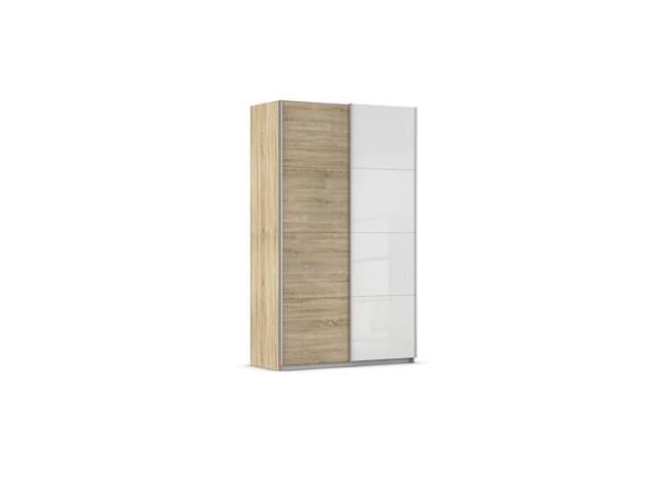 Rauch Möbel QUADRA, Schwebetürenschrank, Eiche Sonoma/Glas Weiß, 136 cm Kleiderschrank mit Schwebetüren, Schiebetüren, 2-türig, für Schlafzimmer, Kinderzimmer, Jugendzimmer, Garderobe