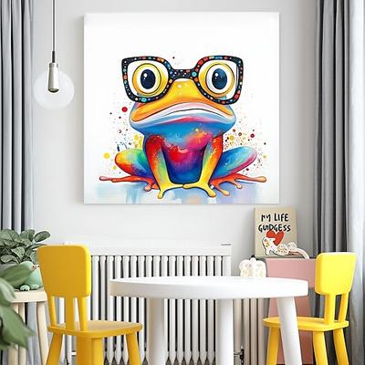 Tier-Leinwandbild, Frosch-Wandbild, farbenfrohes Tier-Leinwandbild, lustiger Frosch mit Brille, Ölgemälde, moderne Kunst, Wanddekoration fürs Kinderzimmer