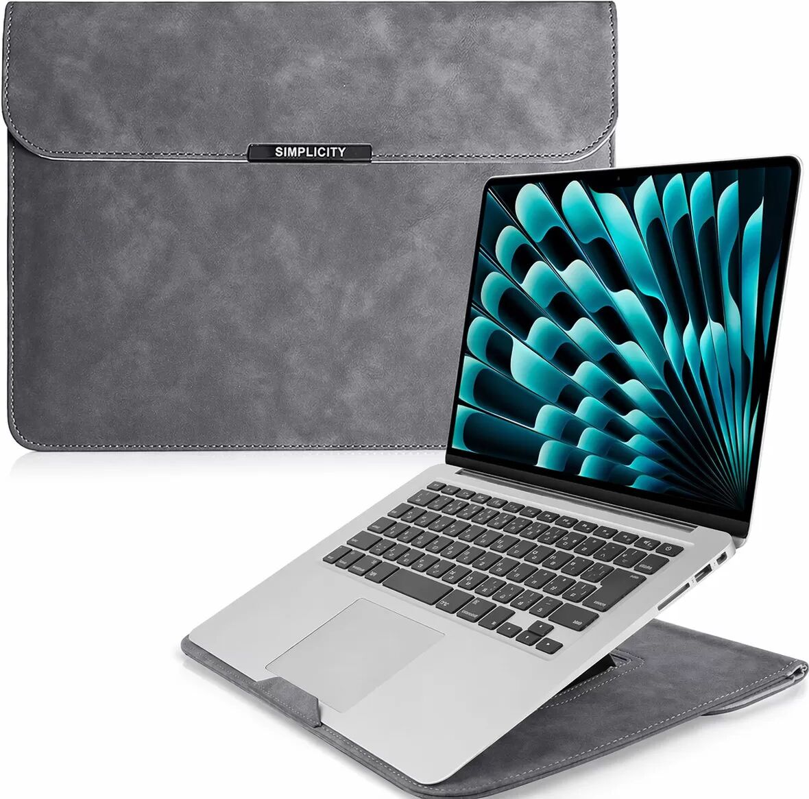 INF 15/16 Zoll Universal Laptop Hülle mit Ständer - Graues PU-Leder