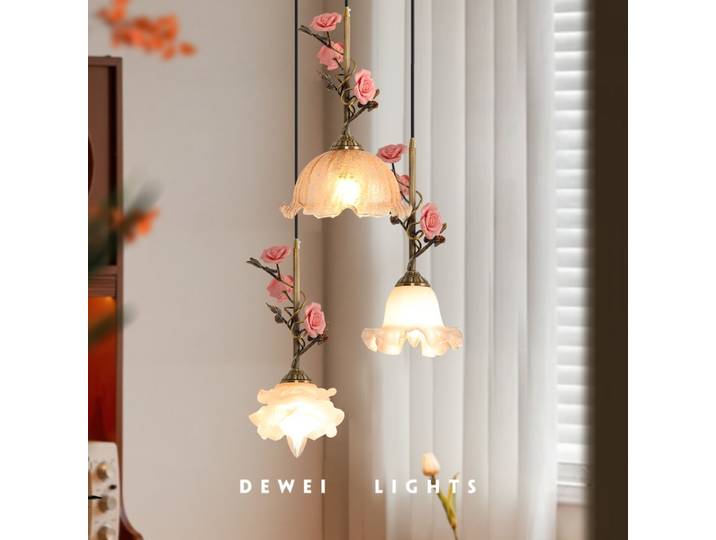 Français rétro rose céramique Rose pendentif lumières fleur forme verre lampes suspendues salon Restaurant chambre lustre en laiton