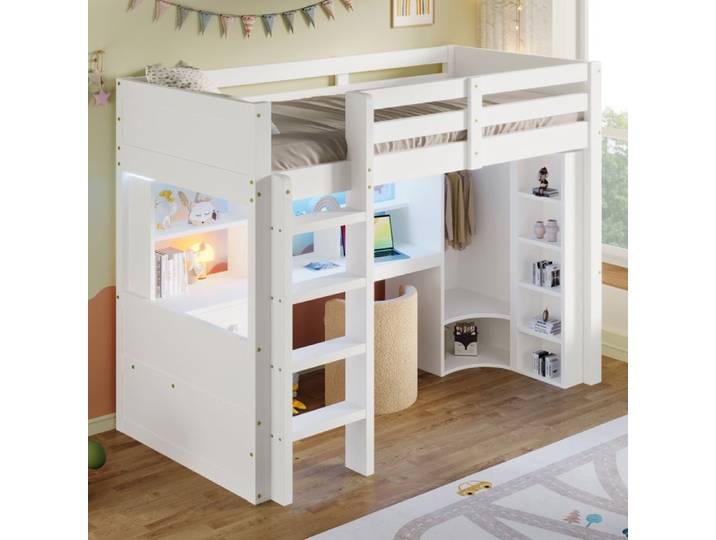 Lit mezzanine enfant - ZEVKOR - 90x200 - Bureau intégré - LED - Pin blanc