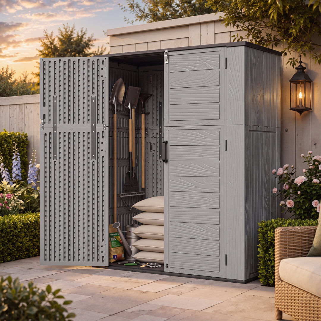 JolyDale Plastic Outdoor Storage Shed Vertical Storage Cabinet Grey 142cm W X 67cm D X 176cm H