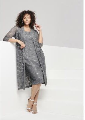 Plus Size Women's Plus Size 3/4 Sleeve Formal Duster Sequin - Embellished Lace Dress Set by Roaman's in Gunmetal (Size 26 W) Formal Evening