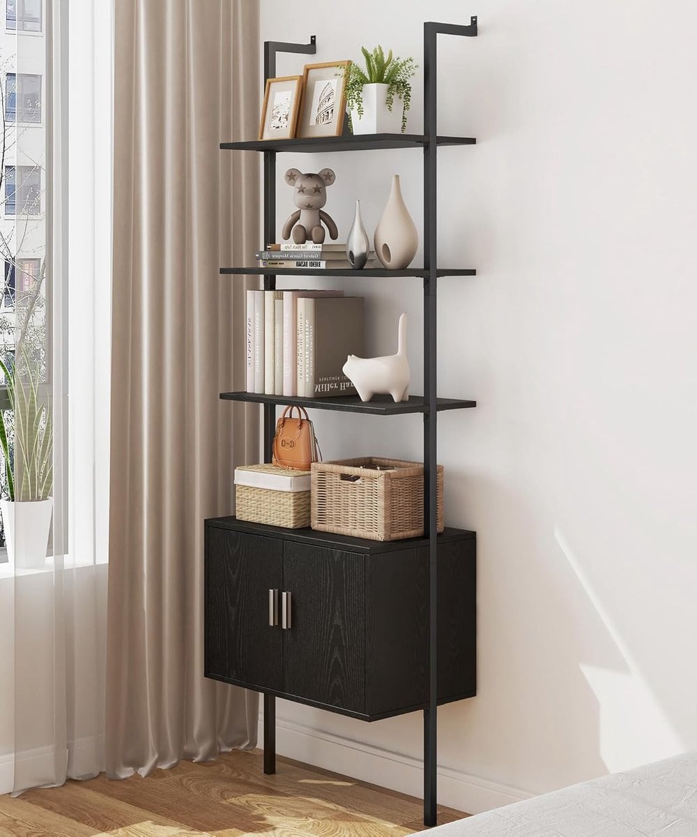 Zwarte ladder boekenplank wandrek van hout en metaal, Hoogte: 185 cm