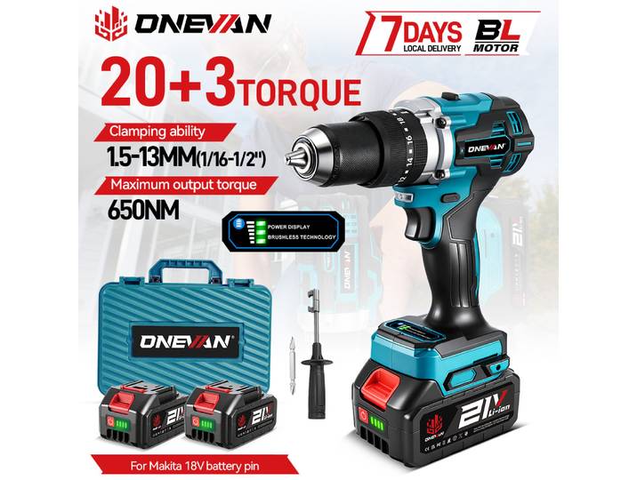 Perceuse électrique sans fil ONEVAN 1500W, visseuse sans fil, marteau perforateur pour le travail du bois, outil électrique compatible avec les batteries Makita 18V.