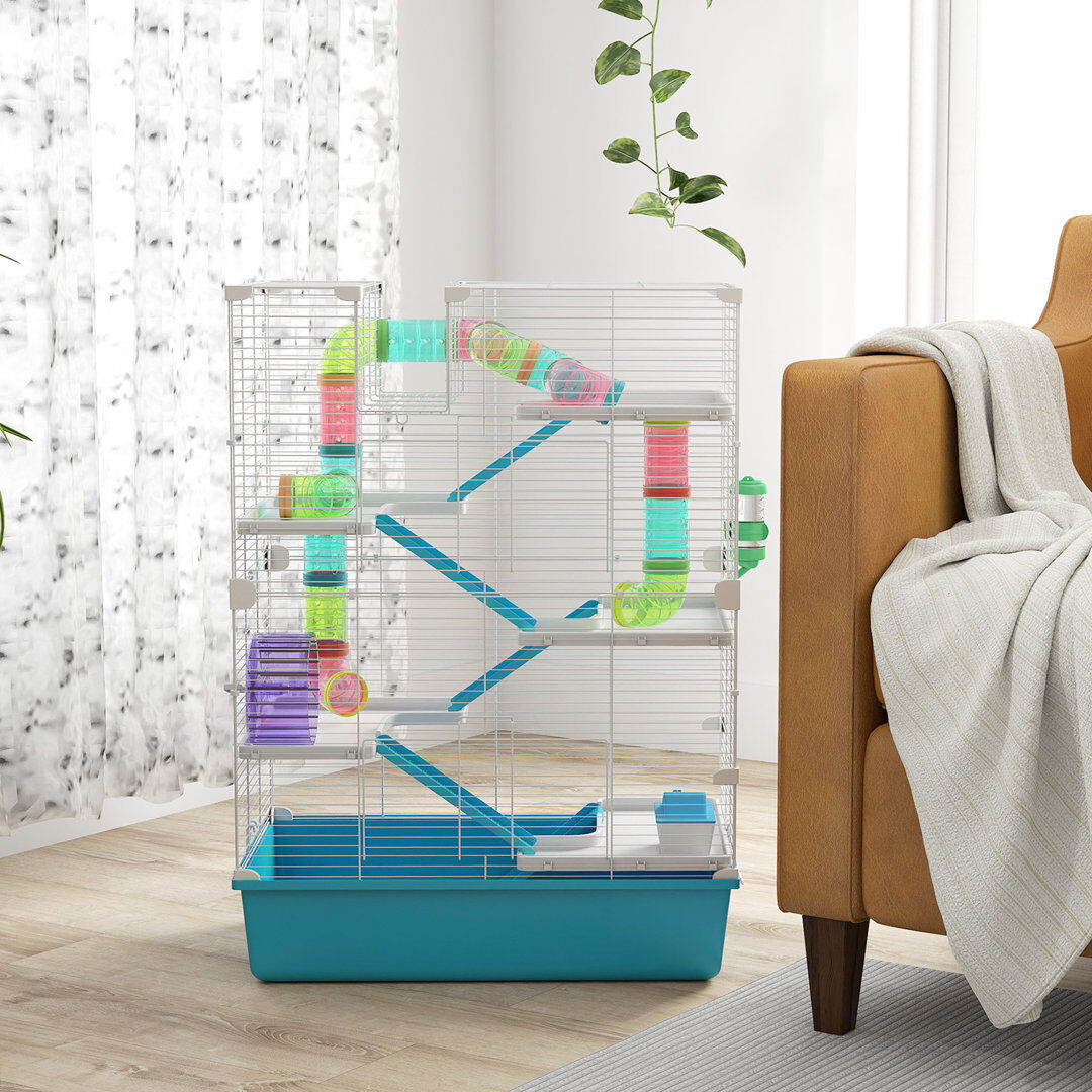 PawHut 6 Tier Hamster Cage with Twin Tower and Accessories Light Blue Blue 81cm H X 58cm W X 36cm D