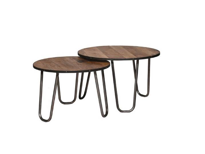 More2Home Couchtisch OSLO, 2-er Set, rund 60/70cm, Mangoholz massiv, Metall natur
