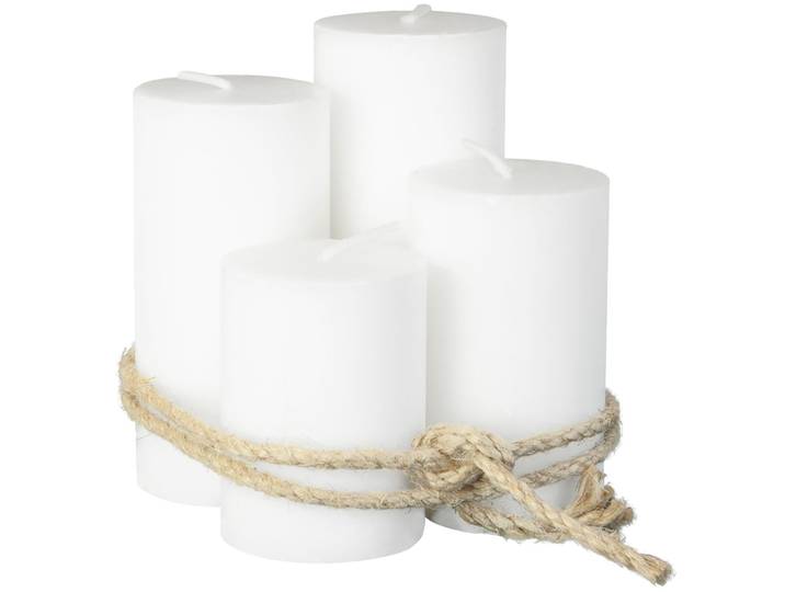 Stumpenkerzen 4er-Set, Wachskerzen mit Schnur aus Hanf, weiss, Ø 6 x H 8/10/12/14 cm