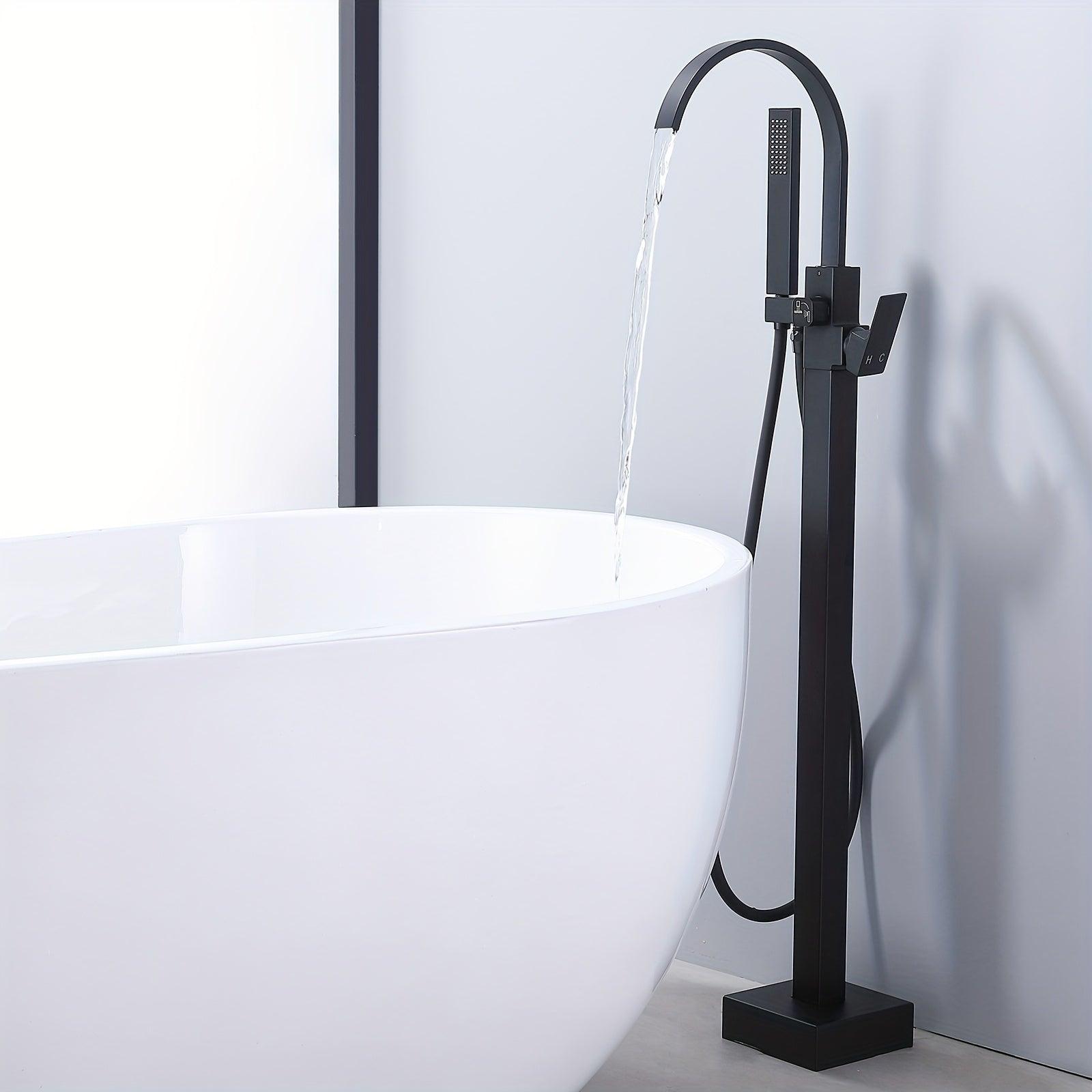 Moderner, schwarzer, freistehender Badezimmerarmatur mit Wasserfallauslauf und Handbrause