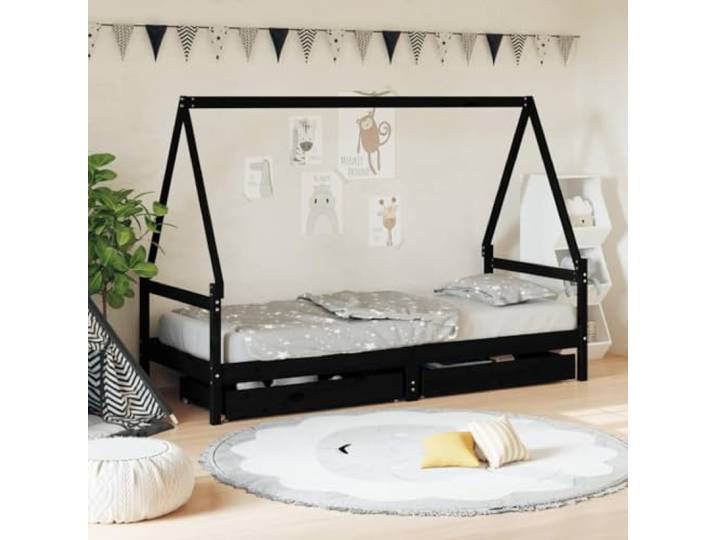 LPERTGFHU Kinderbett Massivholz Kiefer 90x200 cm Hausbett Schwarz Inklusive Aufbewahrungsschubladen, Stabile Holzlatten, Rustikaler Stil