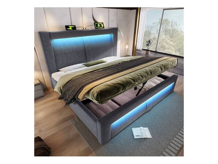 Flieks Polsterbett, Hydraulisches Stauraumbett 160x200cm mit LED-Beleuchtung & USB/Type-C