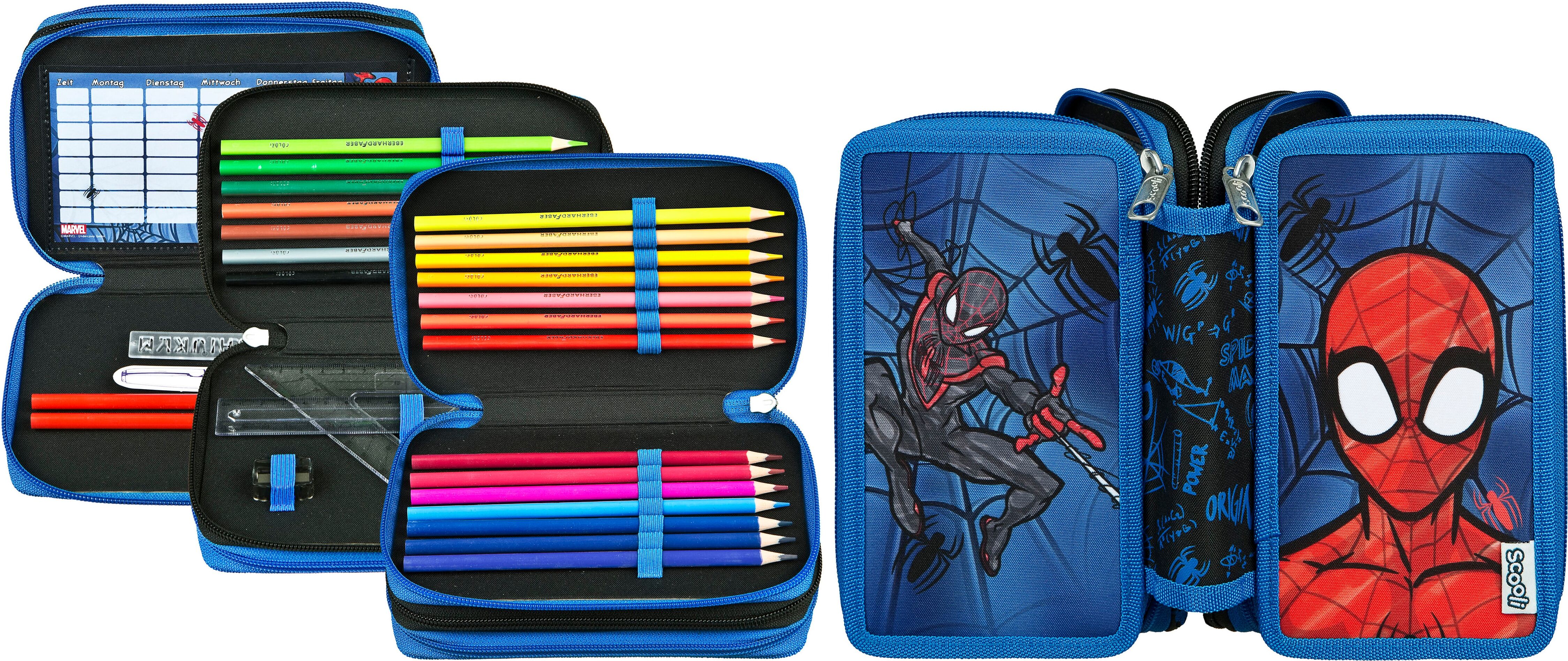 Federmäppchen SCOOLI "Tripledecker, Spider-Man", Kinder, bunt (spinder man), Polyester, Schreibgeräteetuis Federmäppchen, befüllt, inklusive Geodreieck spinder man Einheitsgröße
