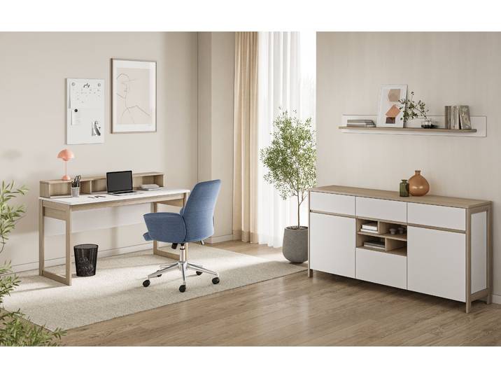 Büromöbel-Set HOME AFFAIRE Stranda im Scandi-Style, Home Office, Büro in zwei Farben verfügbar , weiss (weiß skandi eiche), Holzwerkstoff, Arbeitsmöbel-Sets, Büromöbel-Set, enthält Schreibtisch, Sideboard und Wandboard